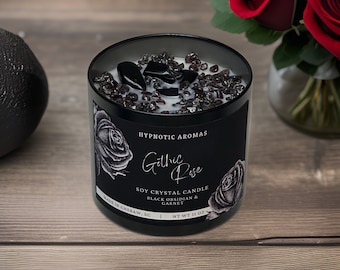 Gothic Rose Black obsidian and Garnet Crysta l Candle Wooden wick