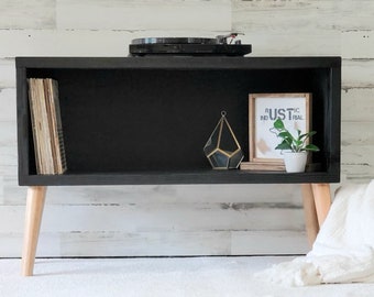 Mid-Century Wood Leg Record Player Stand – Rustic Vinyl Storage