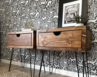Rustic Wood Nightstand with Drawer | MCM End Table, Hairpin Legs