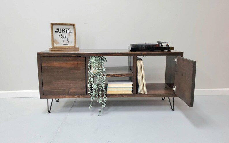 May include: A dark brown wooden record player stand with two doors, one open, and a shelf for records and books. The stand has hairpin legs and is decorated with a green plant.