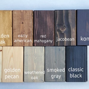 May include: Wood stain color samples in 10 different colors: golden oak, early american, red mahogany, jacobean, kona, poly only, golden pecan, weathered oak, smoked gray, classic black, and white.