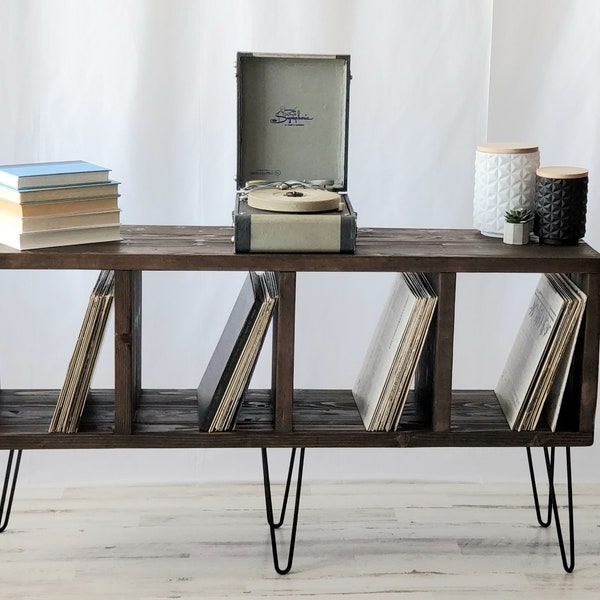 Rustic Record Stand with Multiple Dividers Storage Unit