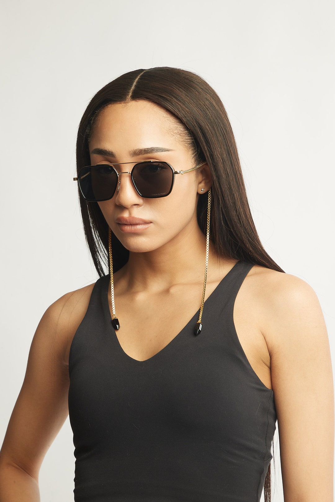 Loom&pearl Armless Chain Temple Sunglasses Aviator Shades Black, Gold