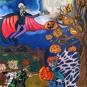 Può includere: Un'illustrazione di Halloween colorata con un vampiro che vola nell'aria, un albero con zucche intagliate e bambini in costume.