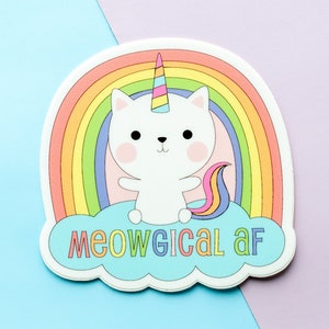 Sticker vinyle licorne arc-en-ciel chat, sticker voiture chat, sticker pour ordinateur portable kawaii, cadeau pour amoureux de maman chat, stickers rigolos, miaou AF