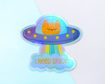 Cute Space Cat Holographic Vinyl Stickers, Cat Car Decal, Kawaii Laptop Sticker Decal, Stickers Aesthetic, Cat Mom Dad Gift, Funny Stickers