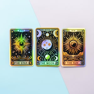 Autocollants esthétiques en vinyle holographique, carte de tarot étoile lune soleil, autocollants célestes pour ordinateur portable, autocollants pour agenda bouteille d'eau