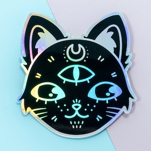 Stickers chat du troisième œil pour ordinateur portable, cadeaux sorcière pour meilleure amie, cadeaux chat pour les amoureux des chats, stickers sorcière holographique pour journal, mystique