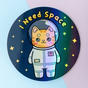 I Need Space Astronaut Cat Holographic Vinyl Stickers for Laptop, Funny Stickers, Cat Gifts for Cat Lovers, Introvert Gift for Women