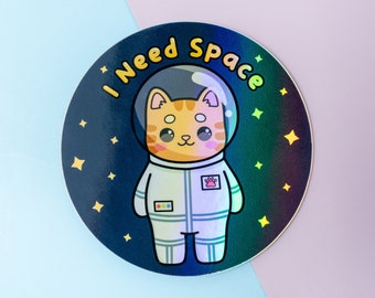 I Need Space Astronaut Cat Holographic Vinyl Stickers for Laptop, Funny Stickers, Cat Gifts for Cat Lovers, Introvert Gift for Women