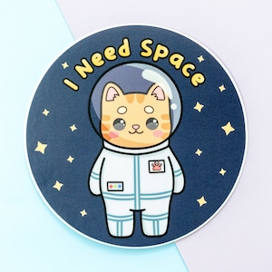 I Need Space Astronaut Cat Stickers for Laptop, Funny Stickers for Coworkers, Cat Gifts for Cat Lovers, Introvert Gift for Women, Cat Water