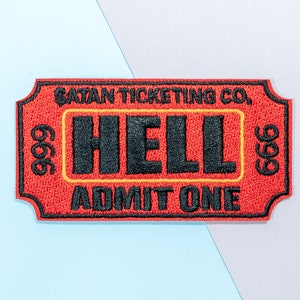 Ticket to Hell Admit One Iron On Embroidered Patches for Denim Jackets Jeans Backpacks Bags, Punk Patch, Funny Halloween Horror Patches