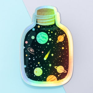 Lindas pegatinas de vinilo holográficas Space Jar Galaxy, calcomanía de pegatinas para portátiles Kawaii, pegatinas estéticas, pegatinas del planificador del diario de botellas de agua