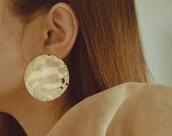 Gold Hammered Disc Earrings: Large Round Statement Studs