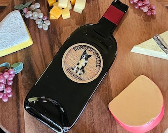 Border Collie Vineyards - Dog - Flattened Wine Bottle Cheese Tray/Spoon Rest/Sushi Platter - Repurposed Gift