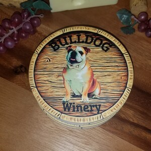 Set of 4 Ceramic Coasters - Bulldog Winery - Wine Barrel Head - 4.25&quot; Diameter w/ Cork Backing - Free Shipping! Dog