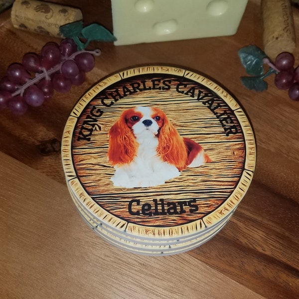 Set of 4 Ceramic Coasters - King Charles Cavalier Cellars - Wine Barrel Head - 4.25" Diameter w/ Cork Backing - Free Shipping! Dog