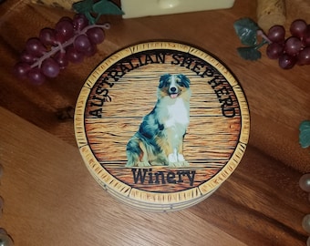 Set of 4 Ceramic Coasters - Australian Shepherd Winery - Wine Barrel Head - 4.25" Diameter w/ Cork Backing - Free Shipping! Dog