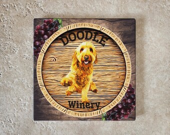 Doodle Winery - Tempered Glass Trivet/Cutting Board/Charcuterie Tray - 8"x 8" - Dog -Wine Lover- Great Gift for any Occasion