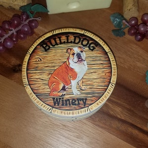 Set of 4 Ceramic Coasters - Bulldog Winery - Wine Barrel Head - 4.25&quot; Diameter w/ Cork Backing - Free Shipping! Dog