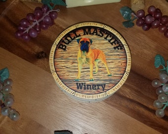 Set of 4 Ceramic Coasters - Bull Mastiff Winery - Wine Barrel Head - 4.25" Diameter w/ Cork Backing - Free Shipping! Dog