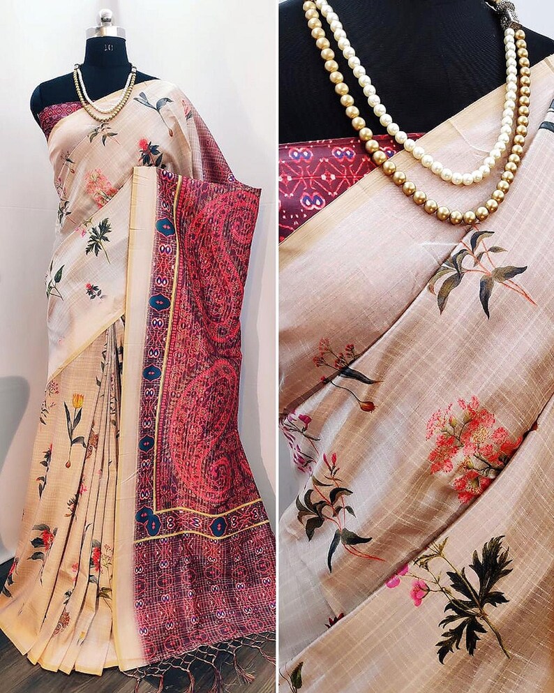 Tushar Silk Saree Digital Floral Print Designer Partywear Sari with Blouse indian Ethnic Wear for women