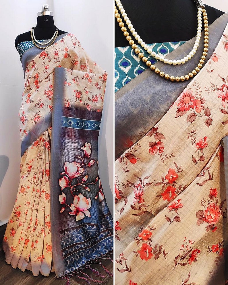 Tushar Silk Saree Digital Floral Print Designer Partywear Sari with Blouse indian Ethnic Wear for women