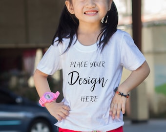 Download Free T-shirt Mockup, Styled Stock Photo, Kids White T-shirt, Hi-res JPG file PSD Template