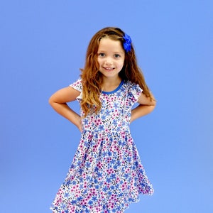 Blue and Purple Floral Ruffle Milk Silk Tank Dress