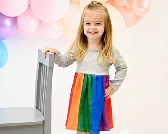 Grey Long Sleeve Rainbow Milk Silk Dress