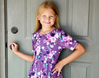 Purple Floral Short Sleeve Milk Silk Dress