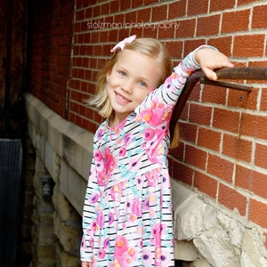 Striped Floral Long Sleeve Milk Silk Flutter Dress