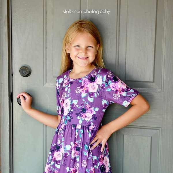 Purple Floral Short Sleeve Milk Silk Dress