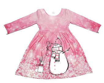 Snowman Family Size 12m thru 8 New Flutter Sleeve Girls Winter Clothes Girls Christmas Dress Vintage Inspired Winter Wonderland