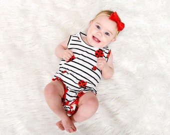 Striped Ladybug Milk Silk Pom Pom Romper