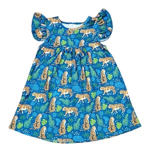 Blue Tropical Tiger Milk Silk Flutter Dress