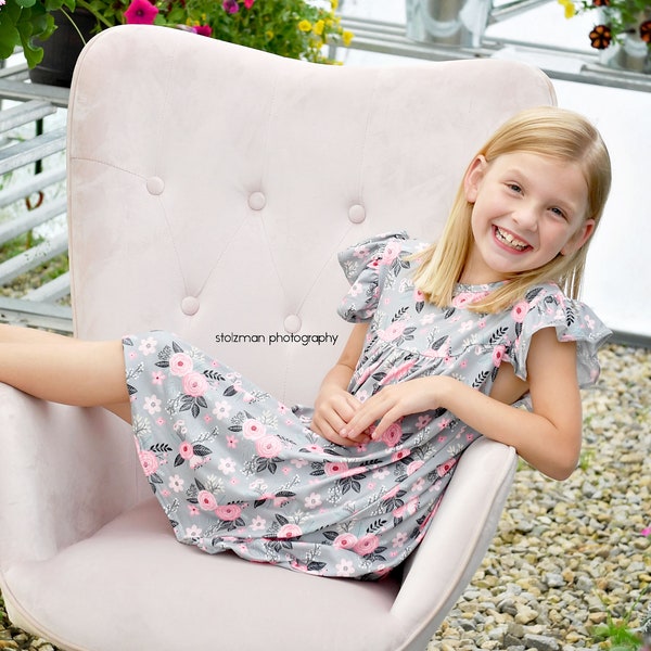 Grey and Pink Floral Milk Silk Flutter Dress