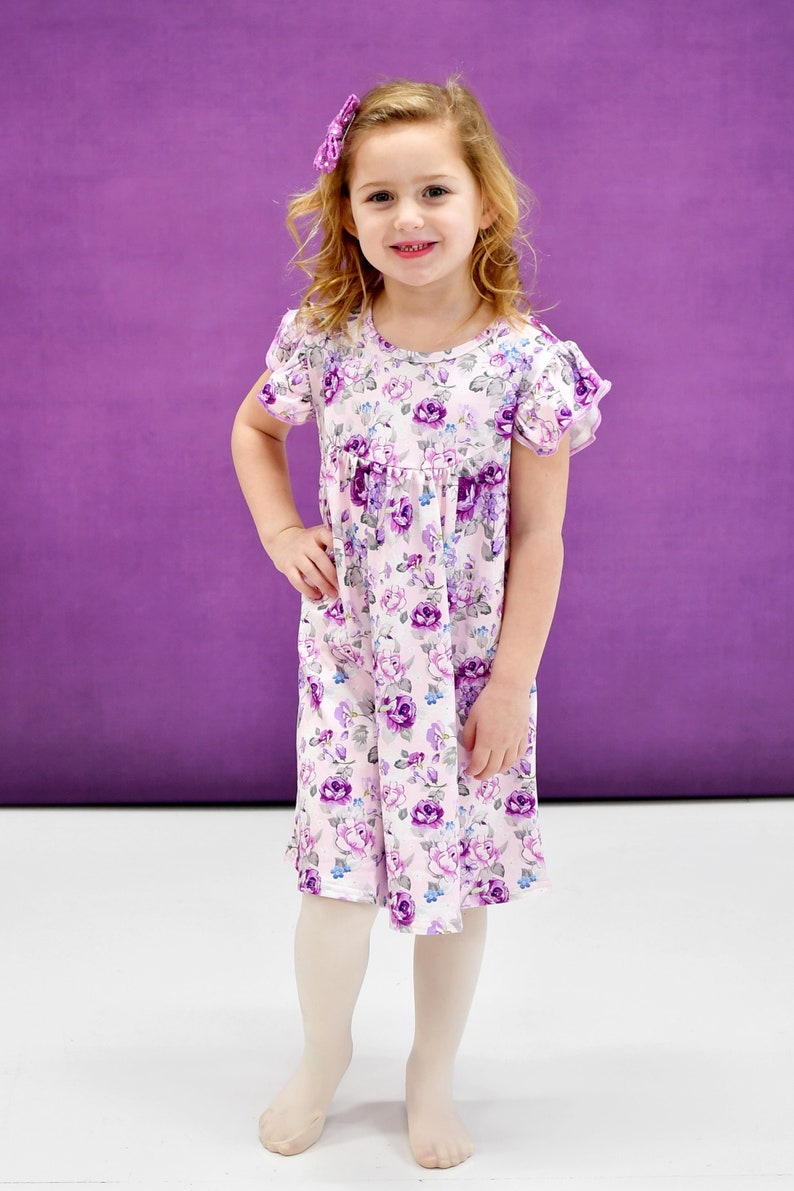 Purple Floral Milk Silk Flutter Dress image 1