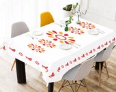 Vintage Pyrex Friendship Inspired Tablecloth Red Bird Tablecloth Red Yellow Floral Tablecloth Retro Tablecloth Chicken Tablecloth