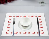 Vintage Pyrex Friendship Inspired Placemats Red Bird Placemats Red Yellow Floral Placemats Retro Placemats Chicken Placemats