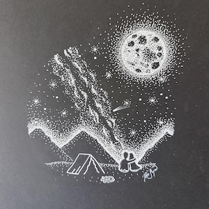 Night sky campers original ink painting pointilism painting