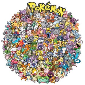 May include: A colourful illustration of a large group of Pokemon characters, including Pikachu, Charmander, Bulbasaur, Squirtle, and many more. The characters are arranged in a circle around the word "Pokemon" in yellow letters.