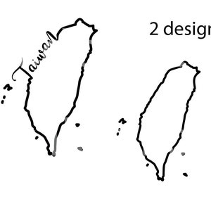 May include: Two black line drawings of the island of Taiwan. The first drawing includes the word "Taiwan" written in cursive along the left side of the island. The second drawing is a simple outline of the island.