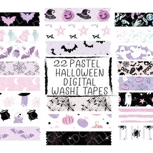 22 Pastel Halloween Digital Washi Tapes PNG Bundel, Goede notities washi tape png, Planner digitale washi tape, Vleermuizen, geesten, pompoenen, crafting