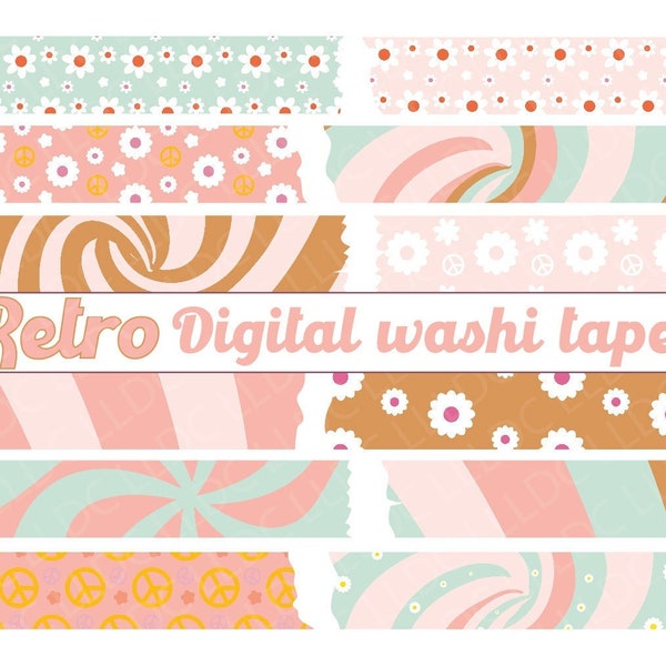 Retro Digital Washi Tapes PNG Bundle, Good notes washi tape png, Planner digital washi tape, 70s pattern washi tape png, groovy digital tape