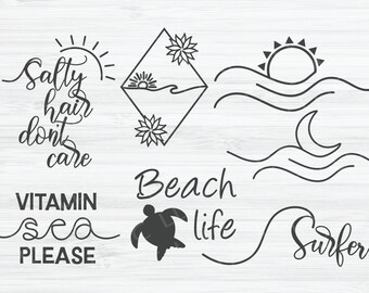 May include: Black and white illustrations of beach-themed phrases and symbols. The phrases include "Salty hair don't care", "Vitamin Sea Please", "Beach Life", and "Surfer". The symbols include a sun, a moon, a turtle, and waves.