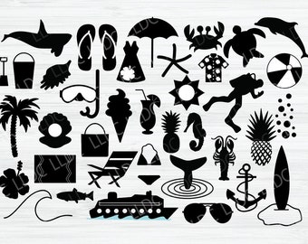 May include: A collection of black and white summer themed icons, including a beach umbrella, flip flops, a seashell, a pineapple, a starfish, a crab, a fish, a surfboard, a palm tree, a diving mask, a snorkel, a beach towel, a beach bag, a swimsuit, a sun, a wave, a cruise ship, a lobster, an anchor, a scuba diver, a whale tail, a beach ball, a bucket and shovel, a pair of sunglasses, and a tropical drink.