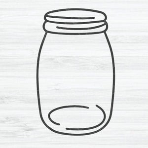 May include: A black and white line drawing of a glass jar with a lid. The jar is empty and has a rounded bottom.