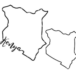 May include: A line drawing of the outline of Kenya with the word "Kenya" written in cursive.