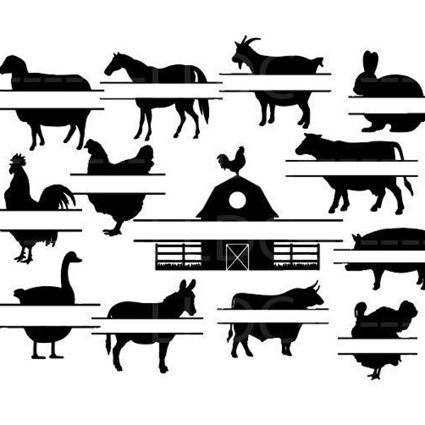 Split barn bundle svg png dxf jpg, barn monogram, Barnyard animals bundle, Split monogram svg, name frame, farm clipart, barnyard silhouette